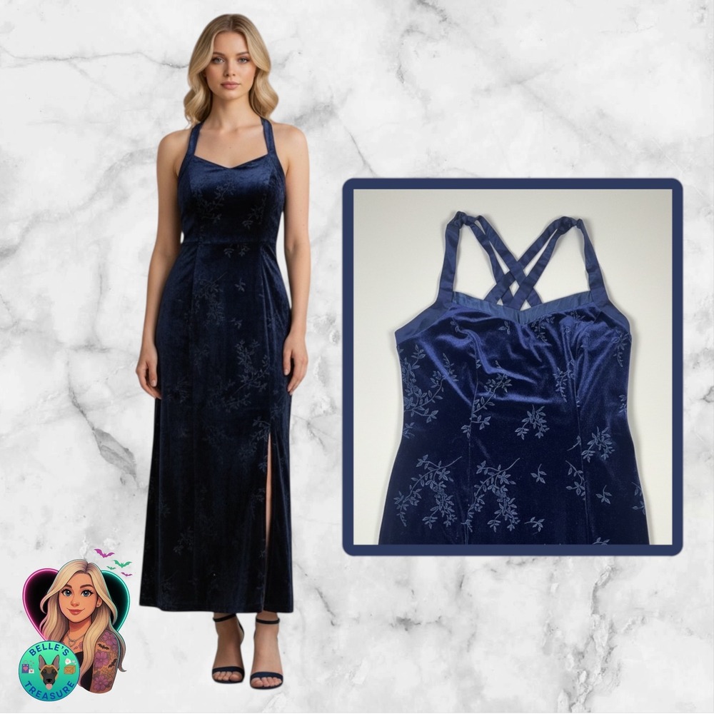 Vintage‎ Prom Dress 12 Gown Sparkle Floral Blue Velvet Goth 90s Y2K Front Slit